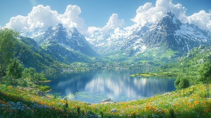 Fototapeta premium Serene mountain lake with wildflowers and snow-capped peaks.