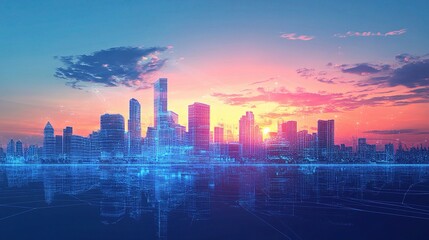 Fototapeta premium Modern Urban Wireframe Architecture Design Visualization at Sunset