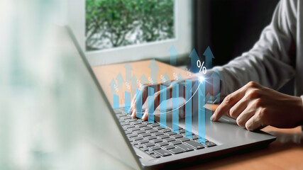 Fototapeta premium Interest rates and dividends, business development with percentage symbol and upward arrow for long-term retirement investing. 