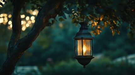 antique hurricane lantern hanging under a tree, the warm, flickering light casting a cozy glow on the surroundings as dusk falls.