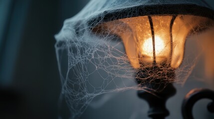 antique lamp covered with spider webs, the gentle glow from within illuminating the delicate webs.