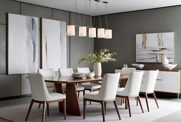 Modern Dining Room with Elegant White Chairs & Wooden Table – Luxury Interior Design