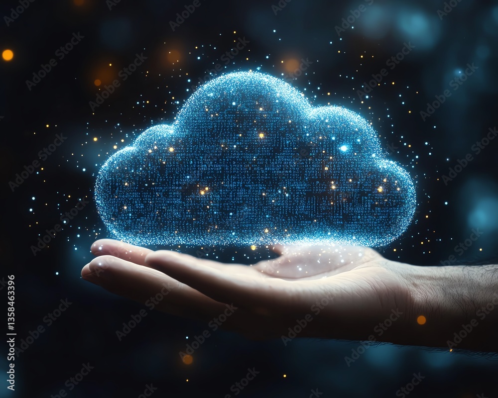 Poster Businessman hand holding glowing blue digital cloud with flowing binary code, dark blurry bokeh background, computing and coding theme, mockup space, 8K UHD resolution
