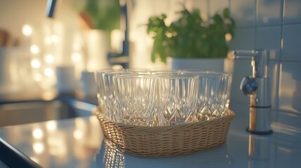 clear glasses stacked in a basket next to a sink, reflecting the surrounding kitchen lights and the serene atmosphere of a freshly cleaned space