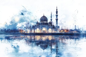 Fototapeta premium watercolor painting of a peaceful mosque at midnight, mirrored softly in a tranquil lake. The quiet night sky glimmers above, on isolated white background