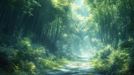 Sunbeams illuminate a path through a lush bamboo forest.