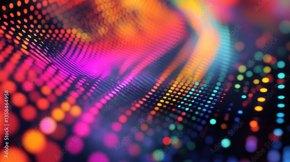 Poster dots in various colors rotating on an axis, with each dot shimmering and shifting colors, creating a
