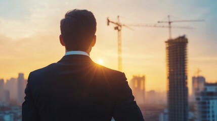 Fototapeta premium Business professional overlooking urban construction at sunset modern city inspirational imagery serene atmosphere silhouette perspective
