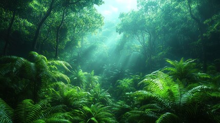 Obraz premium Sunbeams illuminate lush green rainforest with ferns.