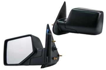 Close-up of a Blank Ford car door mirror on a White Background. Front view and back view bundle. Industrial design reference	