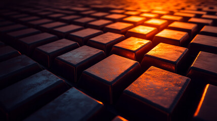 Shiny new blank pure bronze bars arranged in perfect alignment, symbolizing wealth, stability, and durability. The polished surface reflects prosperity and the timeless value of precious metals.

