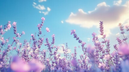 Naklejka premium lavender flowers swaying gently in the breeze under a radiant summer sky with a few wispy clouds.