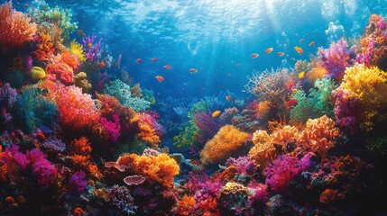 Vibrant coral reef teeming with colorful fish and diverse marine life under sunlit ocean water.