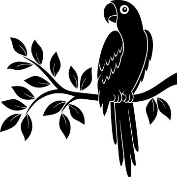 A majestic parrot serenely perched on a leafy branch, a striking silhouette against a clean white background.