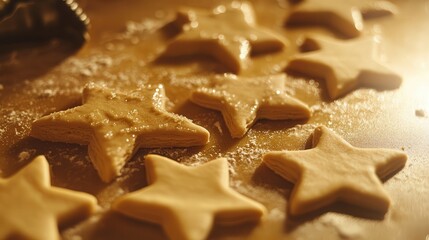 star-shaped cookies being cut from dough, with a soft light illuminating the intricate details of the cutter design.