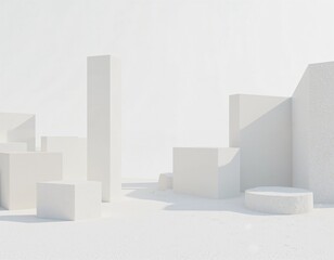 Abstract composition of geometric white shapes on a light background