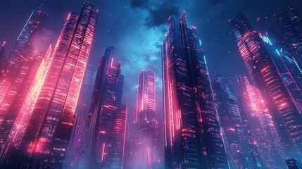Futuristic Urban Cityscape with Neon Glow and Dramatic Clouds