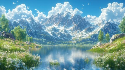 Fototapeta premium Serene mountain lake with wildflowers and snow-capped peaks under a sunny sky.