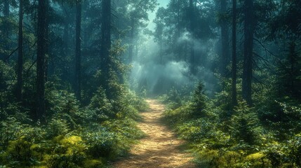 Obraz premium Misty forest path leading into sunlit clearing.