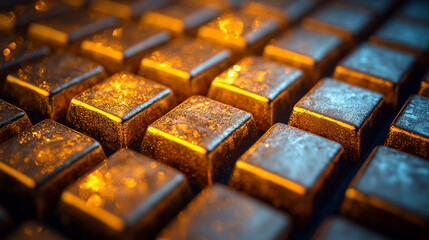 Shiny new blank pure bronze bars arranged in perfect alignment, symbolizing wealth, stability, and durability. The polished surface reflects prosperity and the timeless value of precious metals.

