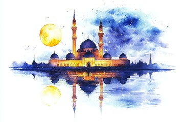 Obraz premium watercolor painting of a quiet mosque beneath the stars, its reflection clear in the calm night waters. The moon casts a gentle glow, on isolated white background