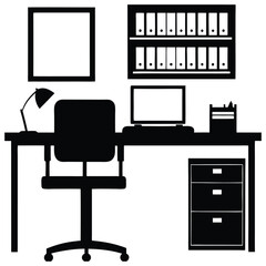 Black Silhouette Office Desk Vector Illustration – Modern Home Workspace with Chair, Computer Monitor, Filing Cabinet, Stationery Organizer, Table Lamp, Wall Frame, Bookshelf, and Office Folders – Min