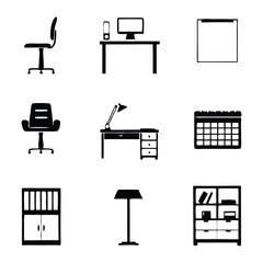 Office Furniture & Equipment Icons – Desk, Chair, Monitor, Calendar, Lamp, Shelves, Cabinet, Vector Set