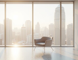 Fototapeta premium Contemporary chair with cityscape view at dusk