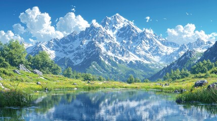 Fototapeta premium Majestic snow-capped mountains reflected in a serene alpine lake, vibrant wildflowers in foreground, sunny day.