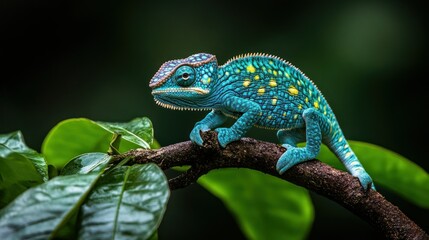 Vibrant blue chameleon on branch