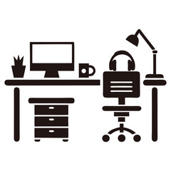 Modern Office Workspace Silhouette Icon – Desk, Chair, Monitor, Lamp, Headphones, Mug, Drawers, Plant Vector