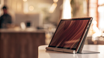 Sleek portable monitor on minimalist desk displaying vibrant abstract design, modern workspace technology and digital creativity concept.