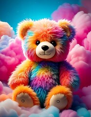 Fototapeta premium Adorable Psychedelic Teddy Bear in 4K – Fluffy Cloud Background