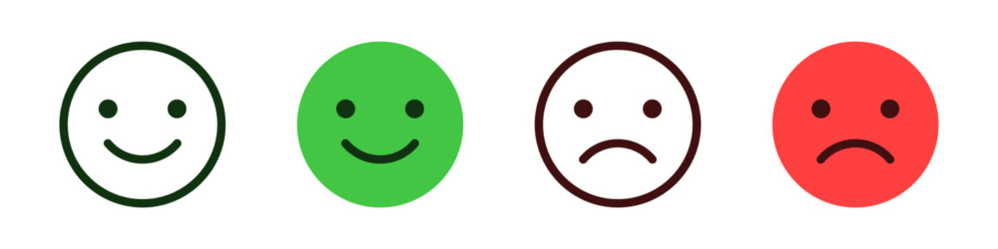 Naklejki happy and sad emoji, feedback rating emoticons - smiley face icon set : positive and negative emojis with red and green colors for customer satisfaction rating