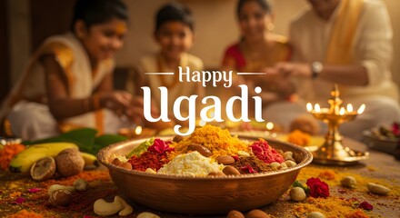 Happy Ugadi celebration with traditional Indian food. Family gathered for festive meal. Greeting card for Hindu New Year, Gudi Padwa, Puthandu, Vishu. Copy space.