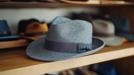 Grey Fedora Hat on Wooden Shelf