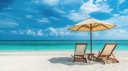 Obraz premium Relaxing Beach Scene with Chairs and Umbrella Under Blue Sky