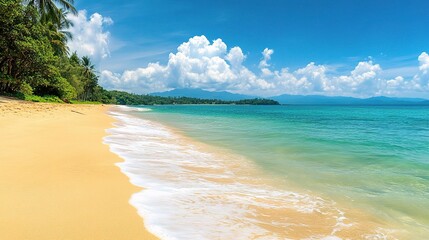 Obraz premium Breathtaking Tropical Beach Panorama with Clear Blue Skies and Waves