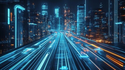 Obraz premium Futuristic AI Controlled Transportation System in Neon Cityscape