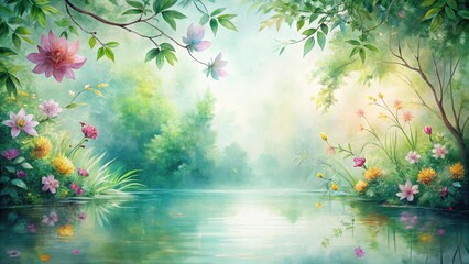 Serene Lakeside Vista A tranquil watercolor depicting a calm body of water reflecting vibrant blossoms and lush green foliage under a soft, sunlit sky.