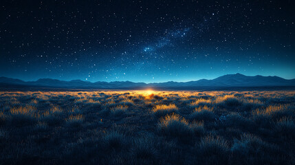 Fototapeta premium A tranquil landscape beneath a starry night sky exudes serene beauty, with stars shining brightly and the cosmos feeling within reach, evoking wonder and infinite possibilities.
