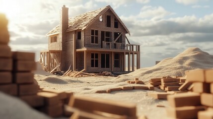 unfinished house surrounded by bricks, sand piles, and wooden planks.