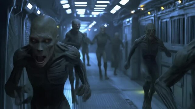 A group of identical clones clad in tattered lab garb races down a steel corridor their expressions a mix of fear and defiance as security personnel scramble to respond to the unexpected