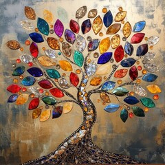 Vibrant Jewel Tree: A Sparkling Masterpiece of Mixed Media Art