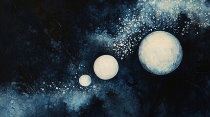 A painterly depiction of three planets in alignment against a dark, textured background with scattered white dots suggesting distant stars or cosmic dust.