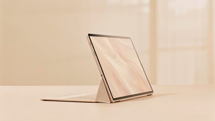 Sleek portable monitor on minimalist desk displaying vibrant abstract design, modern workspace technology and digital creativity concept.