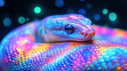 Vibrant, iridescent snake, glowing in the dark.  Detailed scales, captivating colors, mystical aura