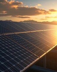 Solar Panels Harvest Energy at Golden Hour with Dramatic Sunset Sky Backdrop
