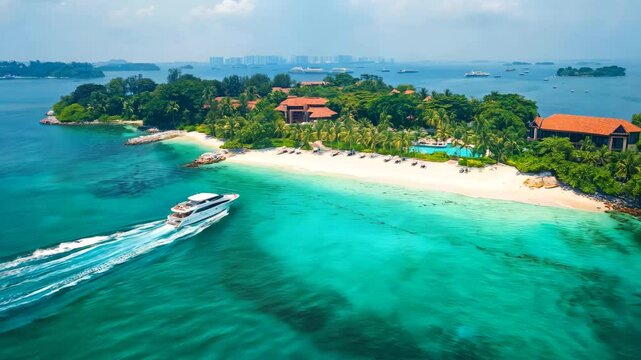 A breathtaking aerial view of a luxury yacht cruising through turquoise waters near a pristine tropical island resort. The sandy beach, lush palm trees, and elegant villas create a perfect paradise 