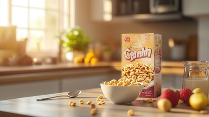 box of cereal displayed on a kitchen counter, with a spoon and a bowl of cereal with milk, set against a bright morning backdrop